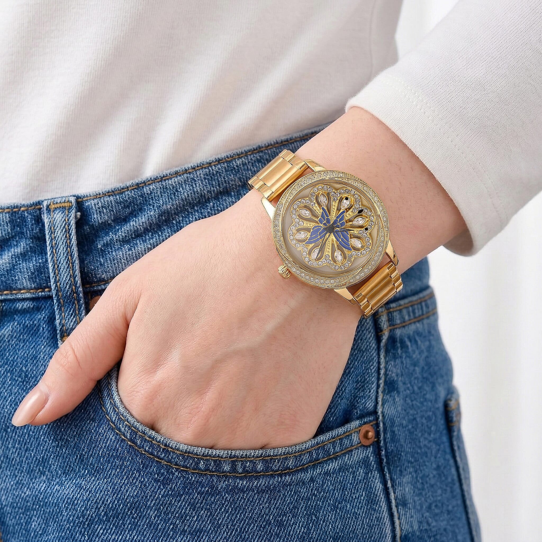 Genoa White Glass Japanese Movement Butterfly Enamel Watch in Goldtone