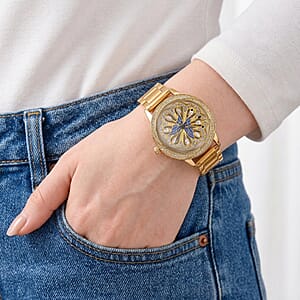 Genoa White Glass Japanese Movement Butterfly Enamel Watch in Goldtone