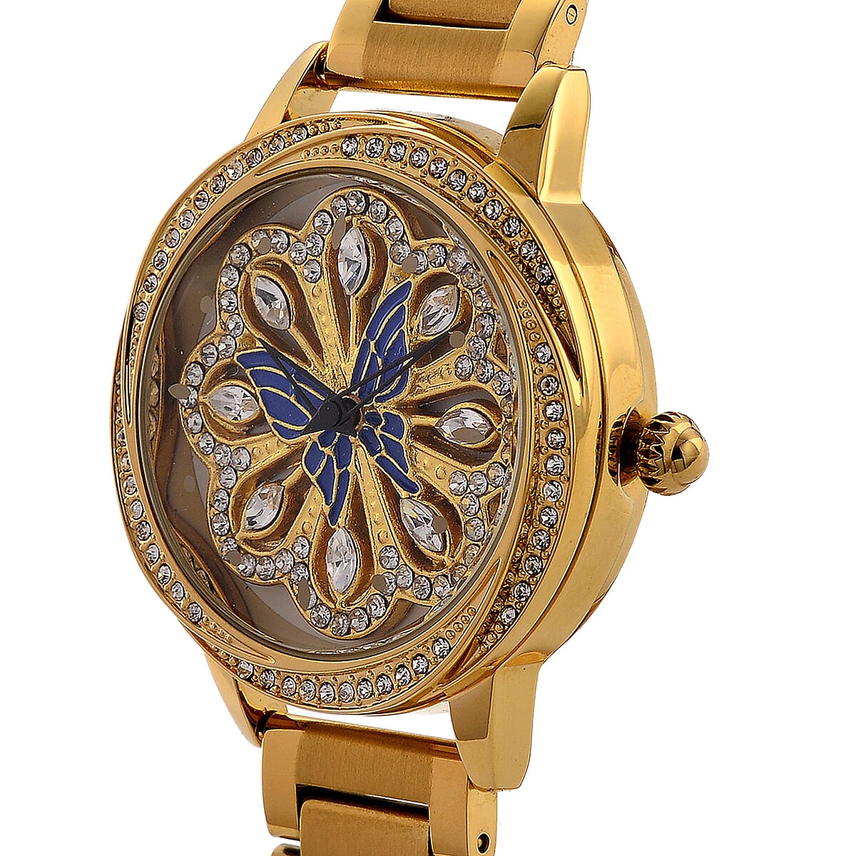 Genoa White Glass Japanese Movement Butterfly Enamel Watch in Goldtone image number 3