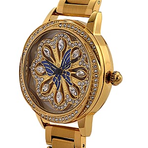 Genoa White Glass Japanese Movement Butterfly Enamel Watch in Goldtone