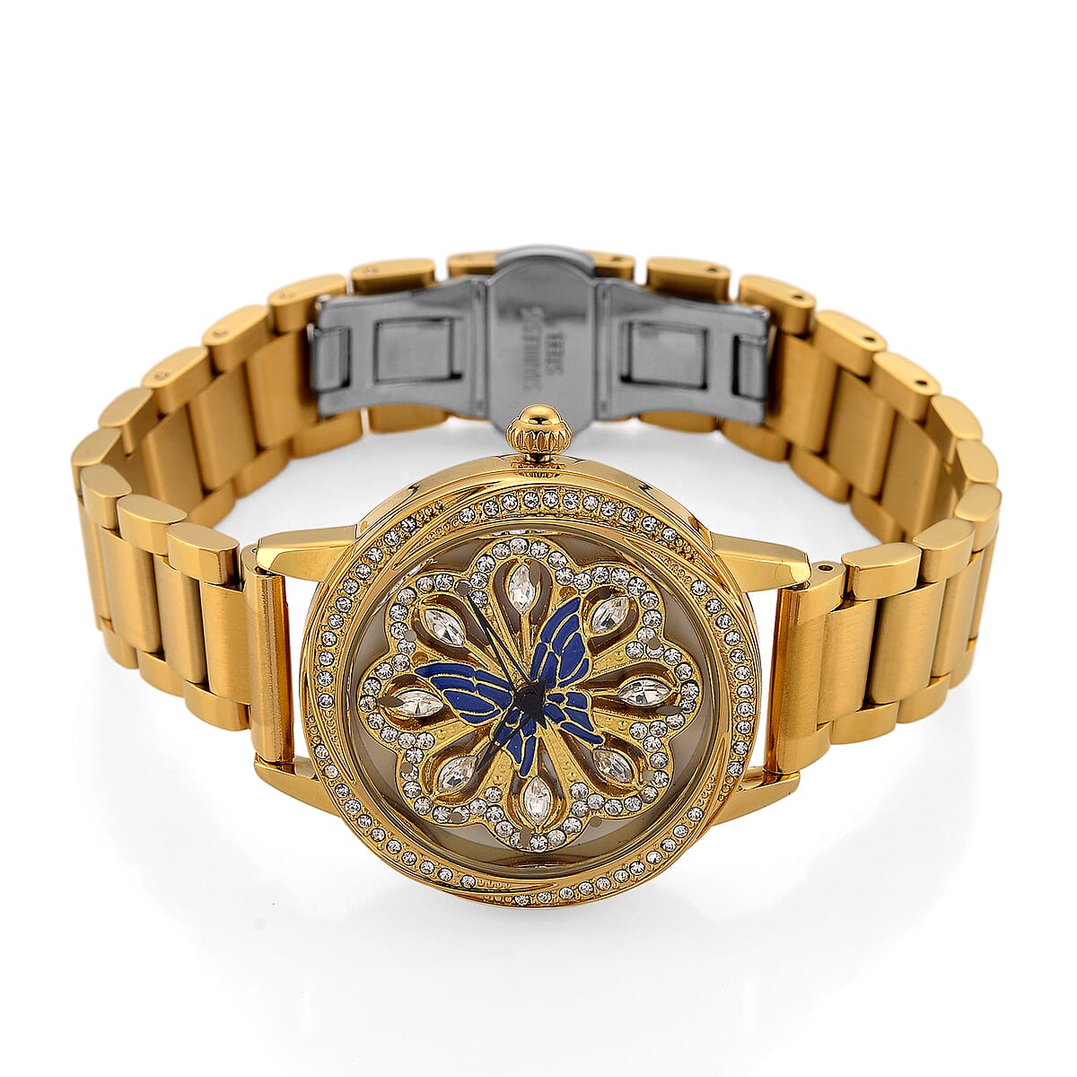 Genoa White Glass Japanese Movement Butterfly Enamel Watch in Goldtone image number 4