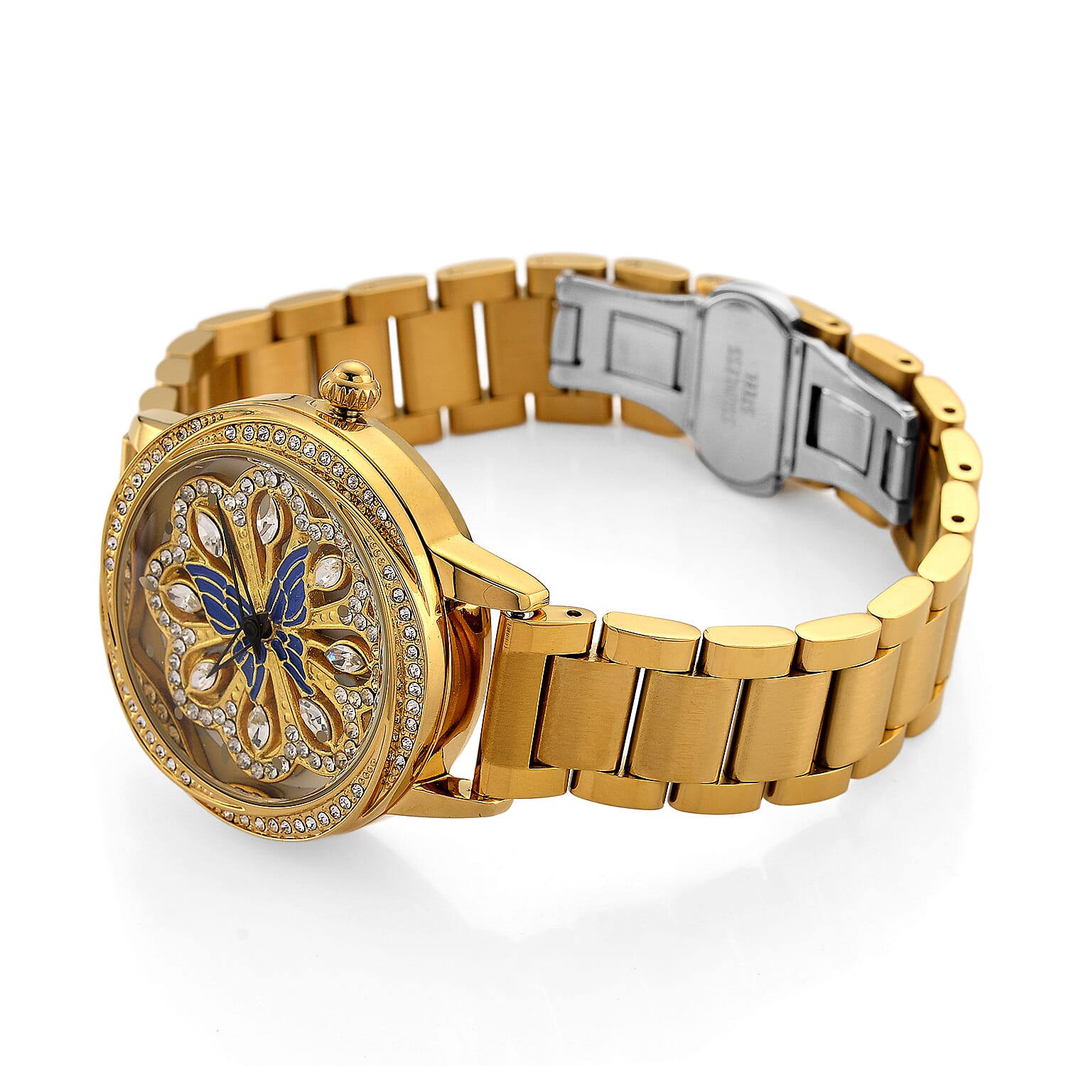Genoa White Glass Japanese Movement Butterfly Enamel Watch in Goldtone