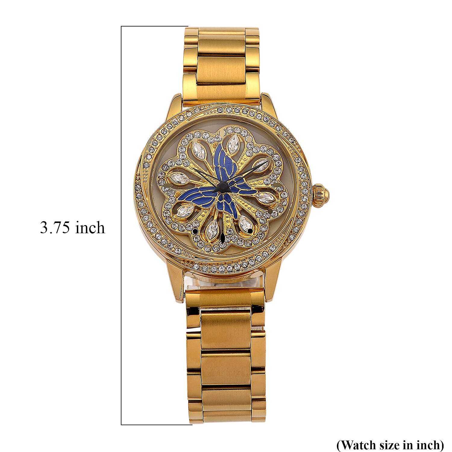 Genoa White Glass Japanese Movement Butterfly Enamel Watch in Goldtone
