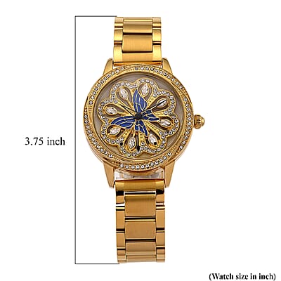 Genoa White Glass Japanese Movement Butterfly Enamel Watch in Goldtone