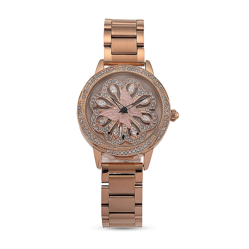 Genoa White Glass Japanese Movement Butterfly Enamel Watch in Rosetone