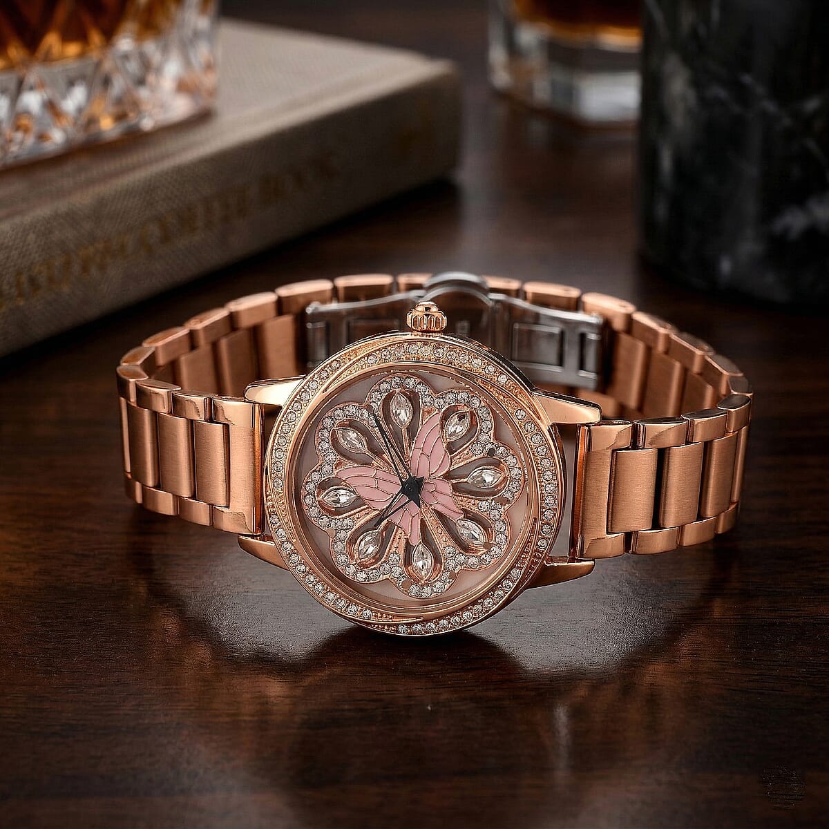 Genoa White Glass Japanese Movement Butterfly Enamel Watch in Rosetone image number 1