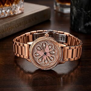 Genoa White Glass Japanese Movement Butterfly Enamel Watch in Rosetone