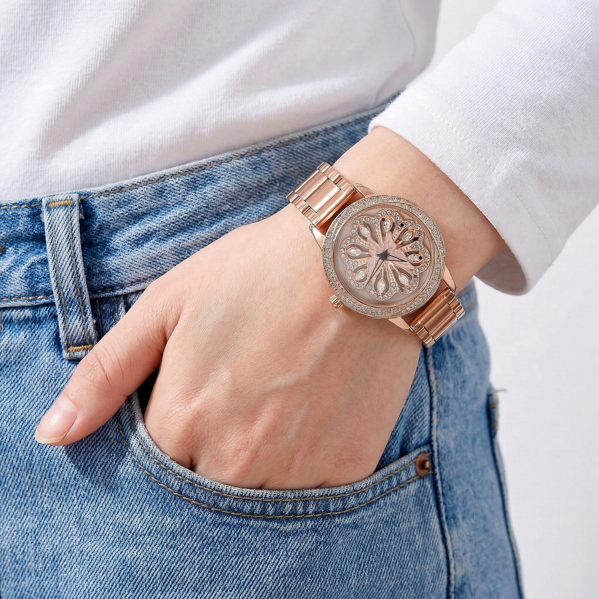 Genoa White Glass Japanese Movement Butterfly Enamel Watch in Rosetone