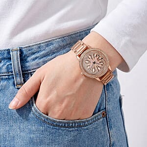 Genoa White Glass Japanese Movement Butterfly Enamel Watch in Rosetone