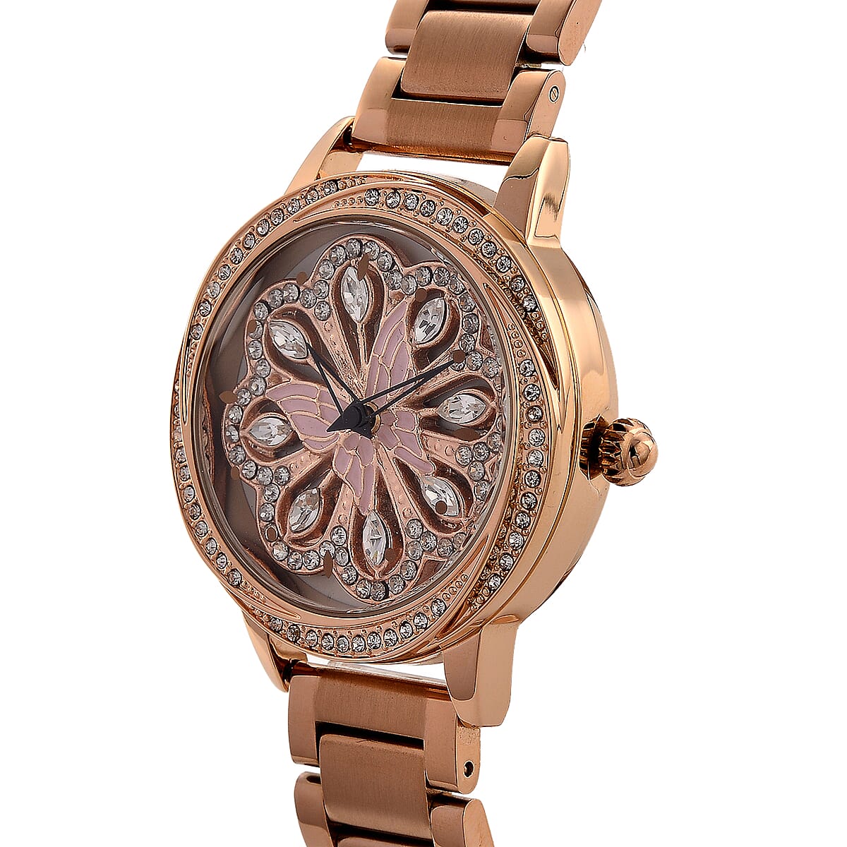 Genoa White Glass Japanese Movement Butterfly Enamel Watch in Rosetone image number 3