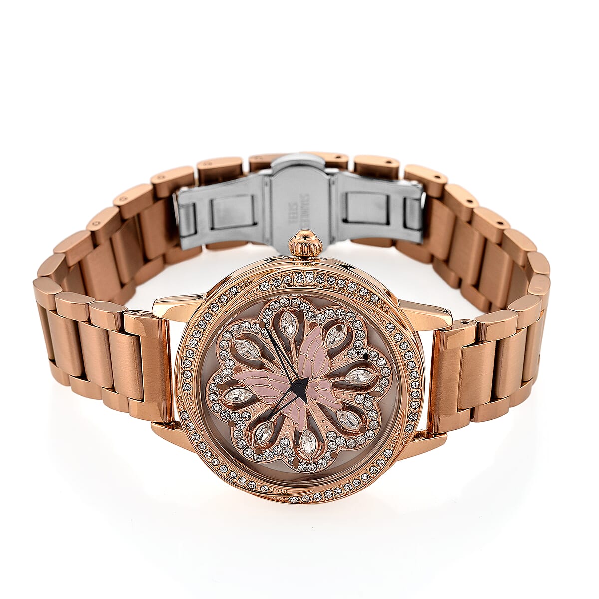 Genoa White Glass Japanese Movement Butterfly Enamel Watch in Rosetone image number 4