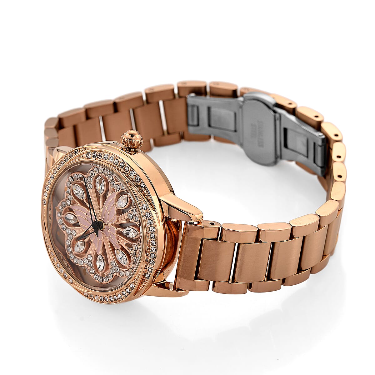 Genoa White Glass Japanese Movement Butterfly Enamel Watch in Rosetone image number 5