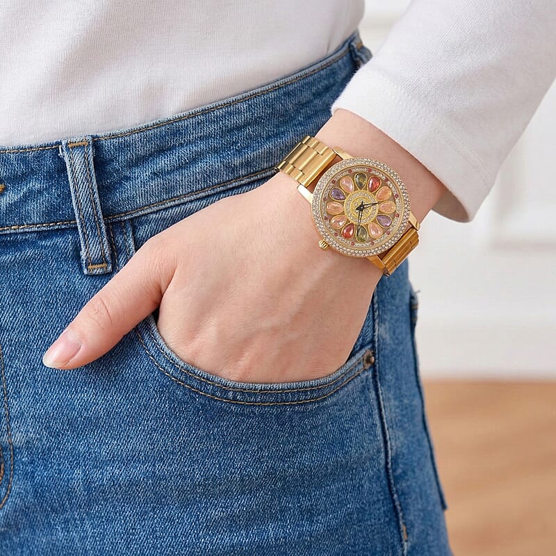 Genoa Multi Color Glass Japanese Movement Watch in Goldtone