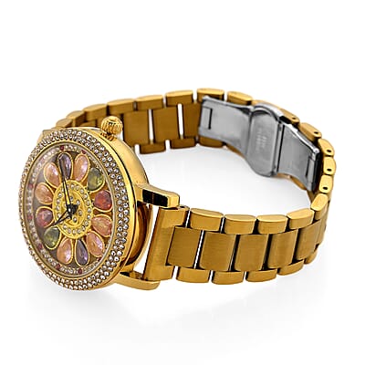 Genoa Multi Color Glass Japanese Movement Watch in Goldtone