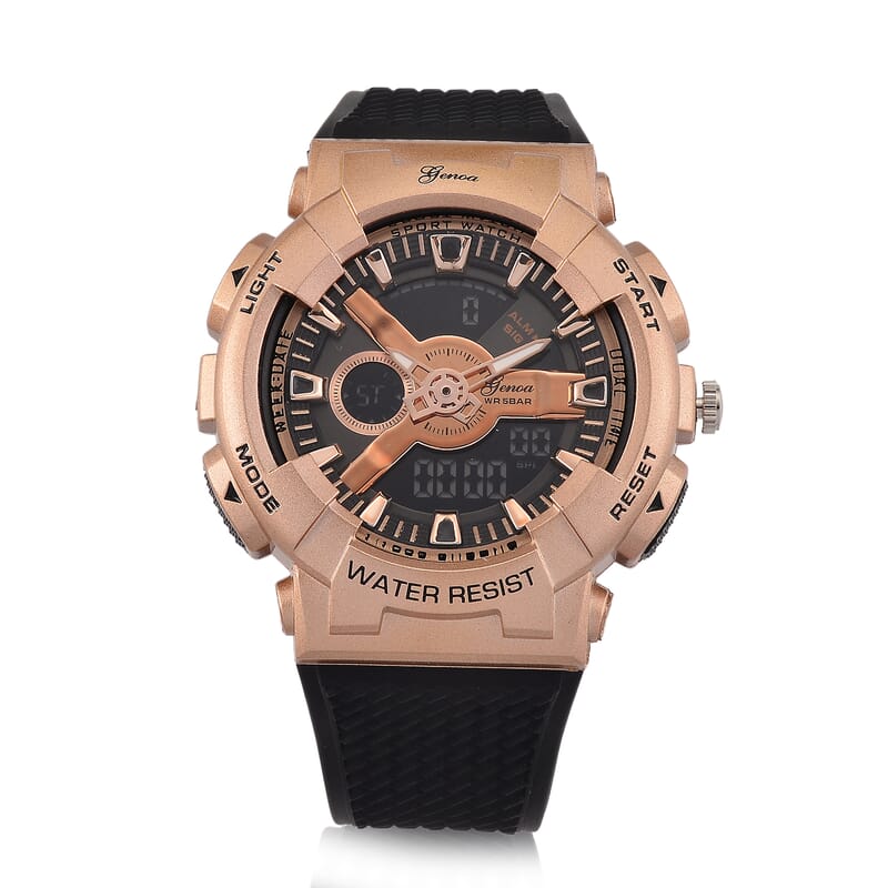 Genoa Japanese and Electronic Movement Multifunctional LED Watch in Rosetone with Black Strap