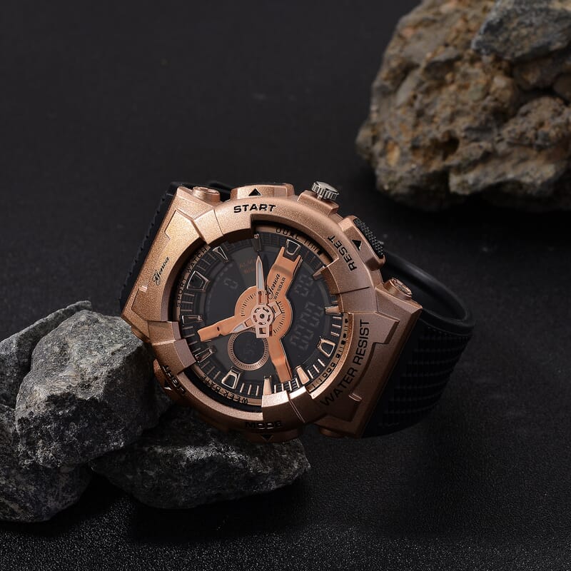 Genoa Japanese and Electronic Movement Multifunctional LED Watch in Rosetone with Black Strap
