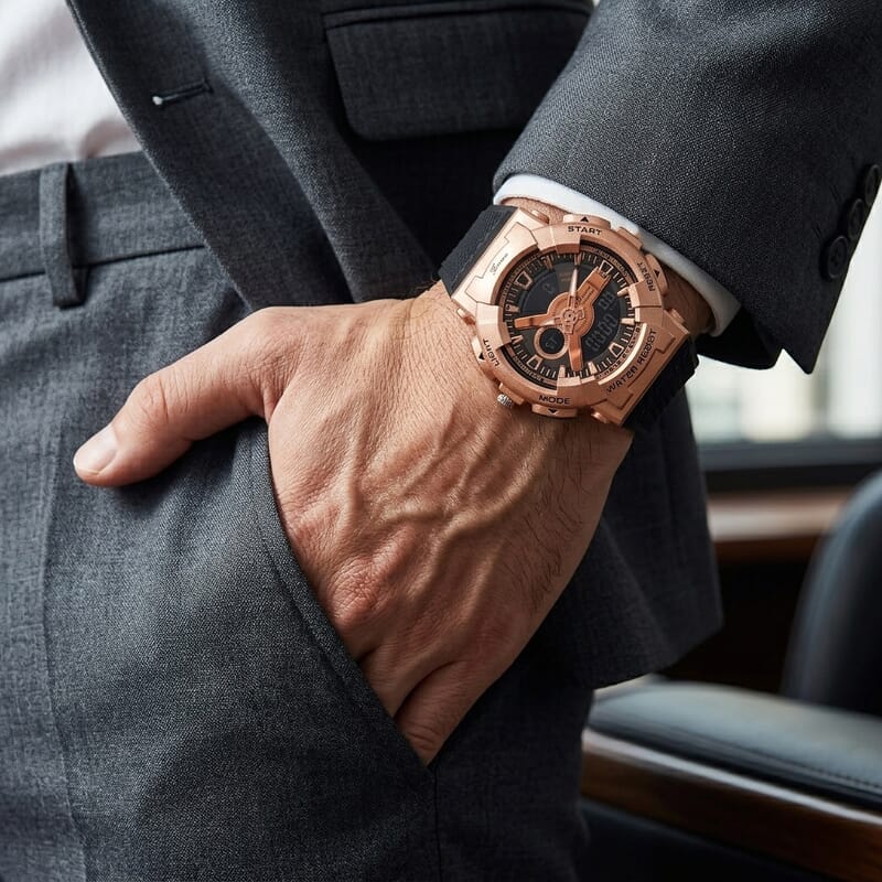Genoa Japanese and Electronic Movement Multifunctional LED Watch in Rosetone with Black Strap