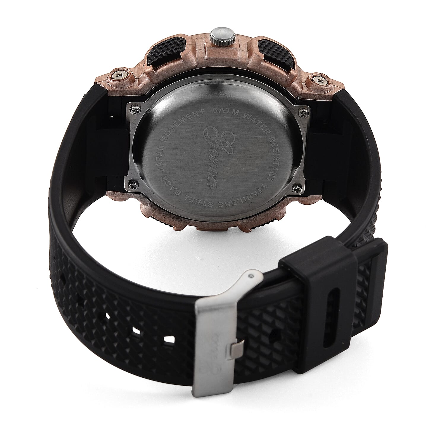Genoa Japanese and Electronic Movement Multifunctional LED Watch in Rosetone with Black Strap