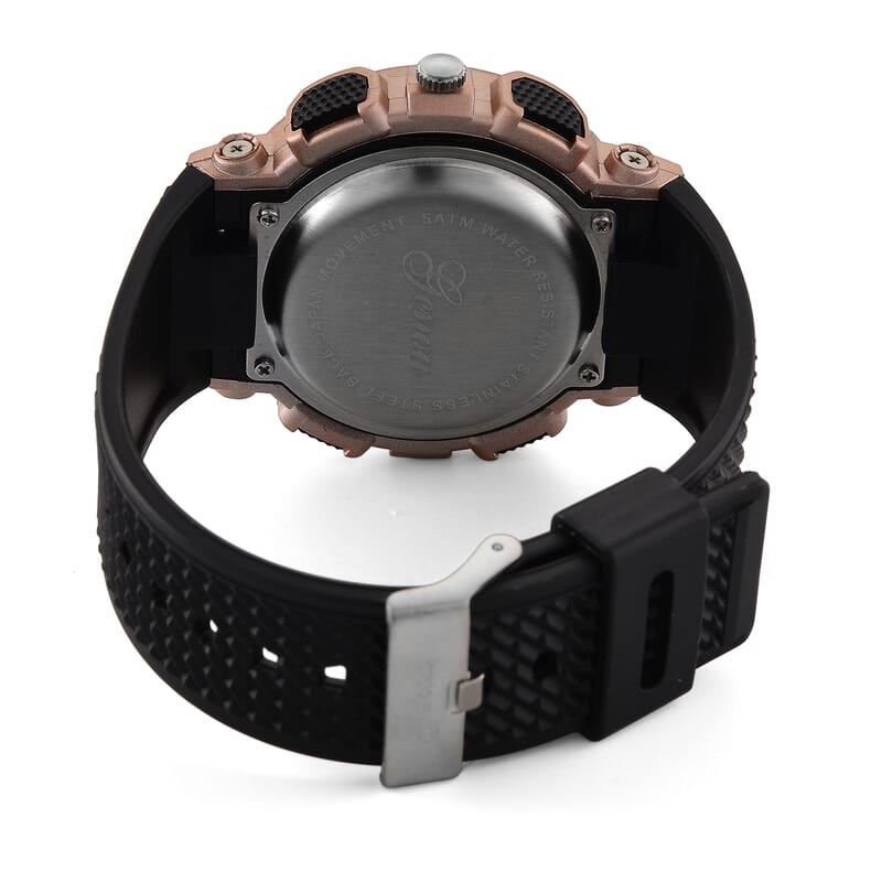 Genoa Japanese and Electronic Movement Multifunctional LED Watch in Rosetone with Black Strap