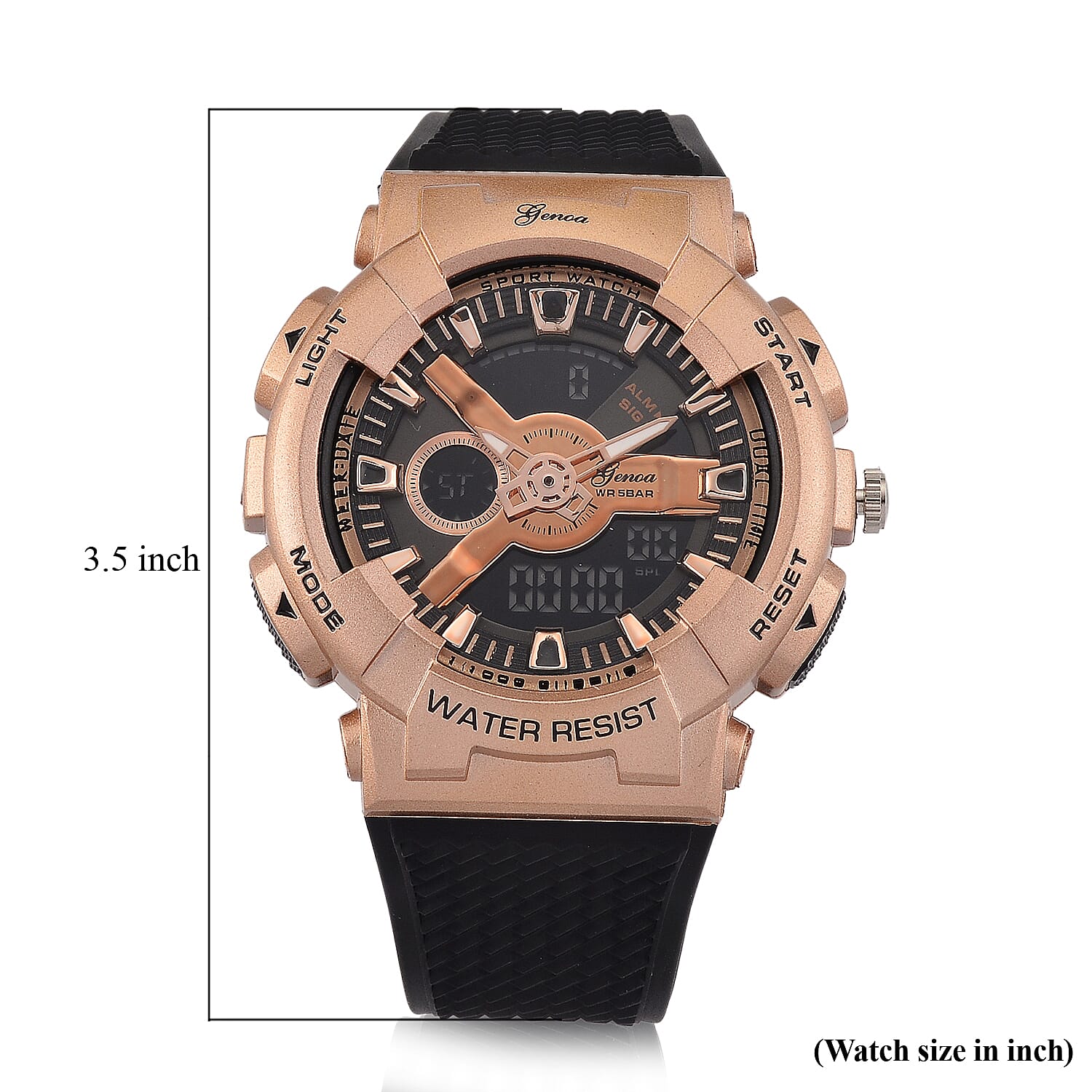 Genoa Japanese and Electronic Movement Multifunctional LED Watch in Rosetone with Black Strap