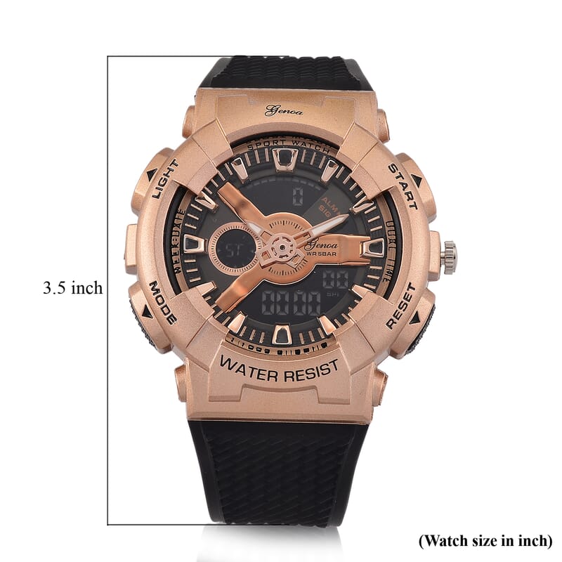 Genoa Japanese and Electronic Movement Multifunctional LED Watch in Rosetone with Black Strap