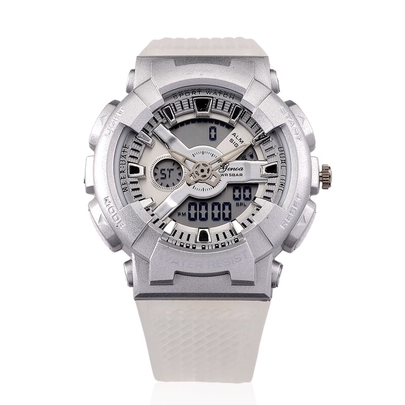 Genoa Japanese and Electronic Movement Multifunctional LED Watch in Silvertone with White Strap