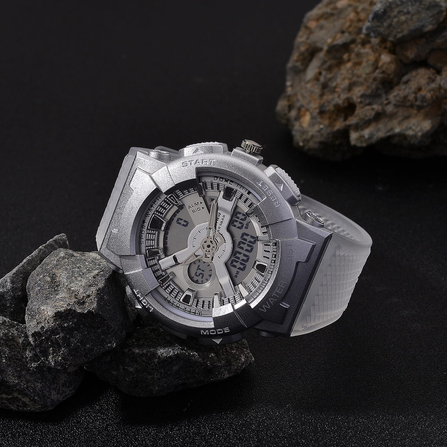 Genoa Japanese and Electronic Movement Multifunctional LED Watch in Silvertone with White Strap