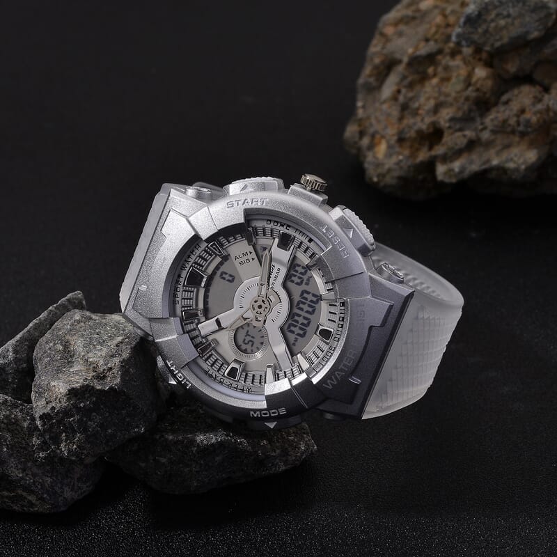 Genoa Japanese and Electronic Movement Multifunctional LED Watch in Silvertone with White Strap