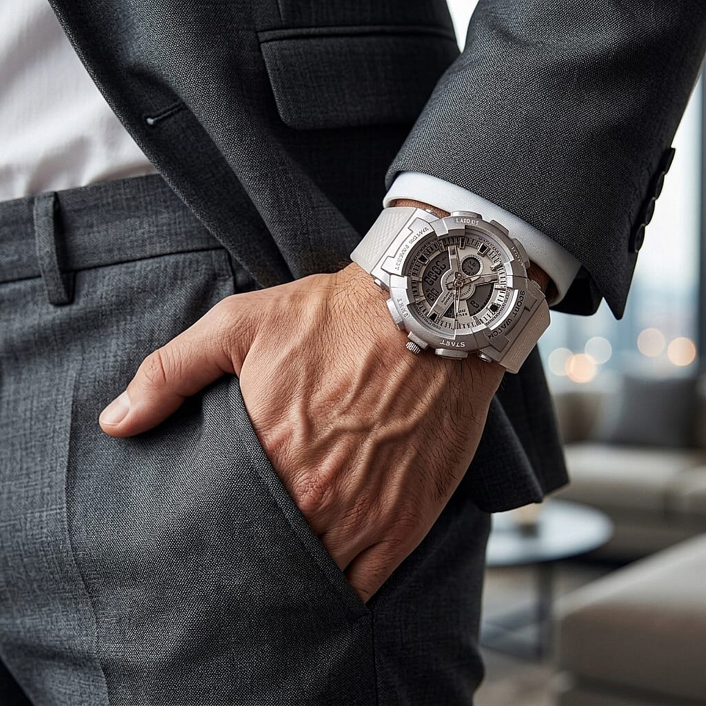 Genoa Japanese and Electronic Movement Multifunctional LED Watch in Silvertone with White Strap