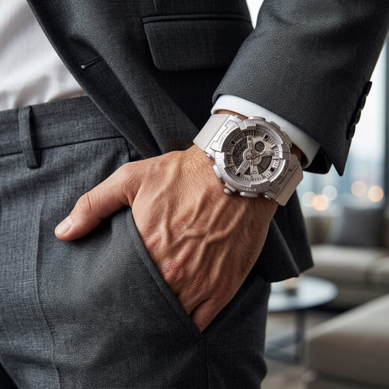 Genoa Japanese and Electronic Movement Multifunctional LED Watch in Silvertone with White Strap