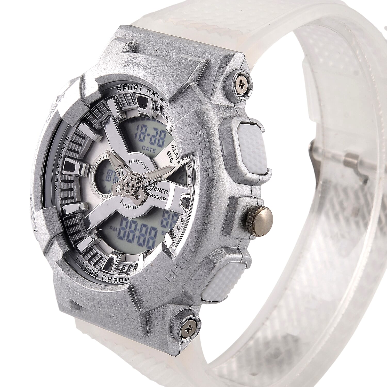 Genoa Japanese and Electronic Movement Multifunctional LED Watch in Silvertone with White Strap