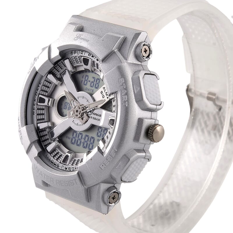 Genoa Japanese and Electronic Movement Multifunctional LED Watch in Silvertone with White Strap