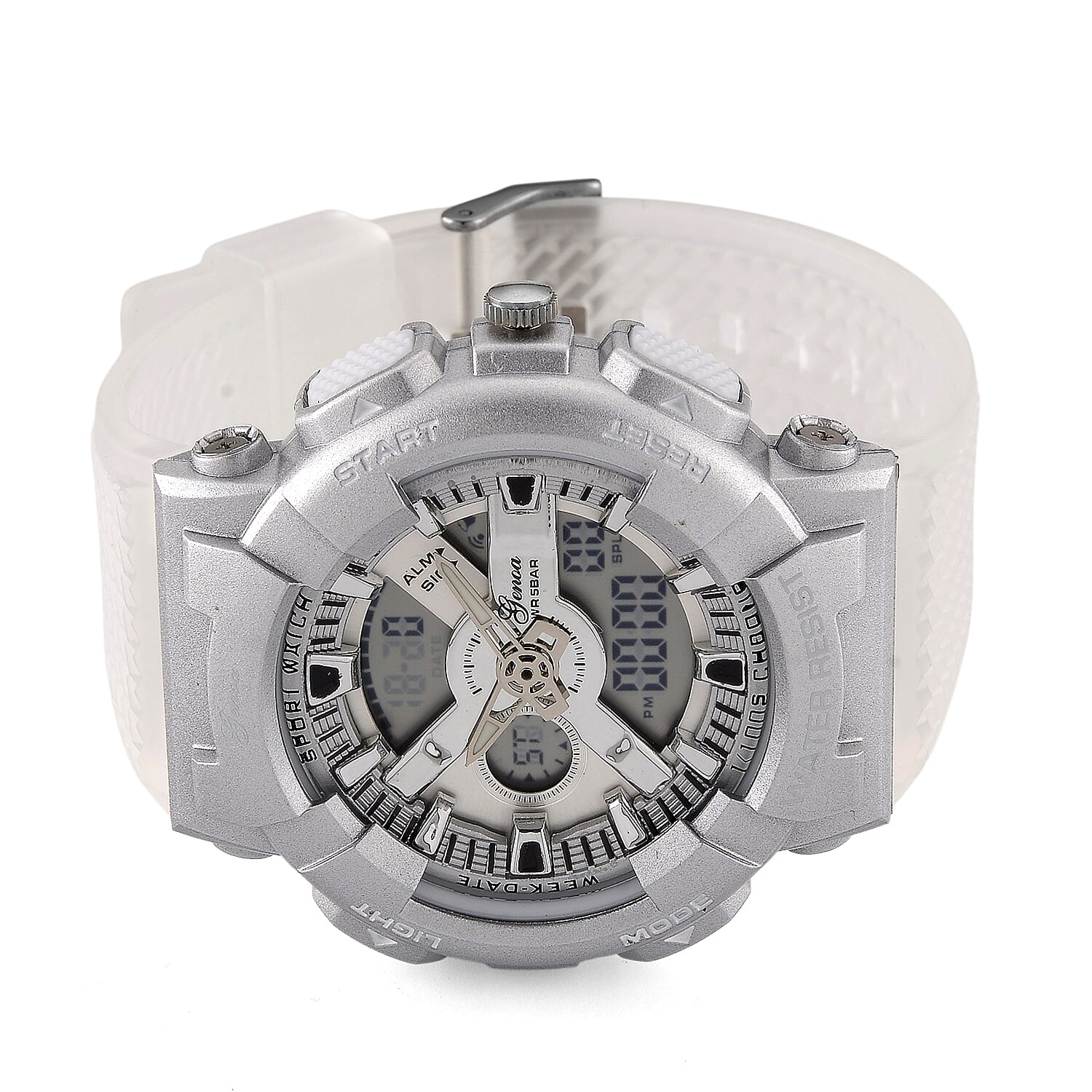 Genoa Japanese and Electronic Movement Multifunctional LED Watch in Silvertone with White Strap