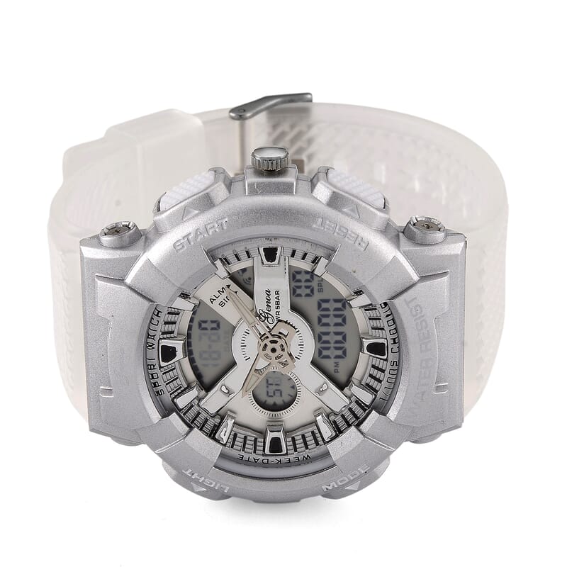 Genoa Japanese and Electronic Movement Multifunctional LED Watch in Silvertone with White Strap