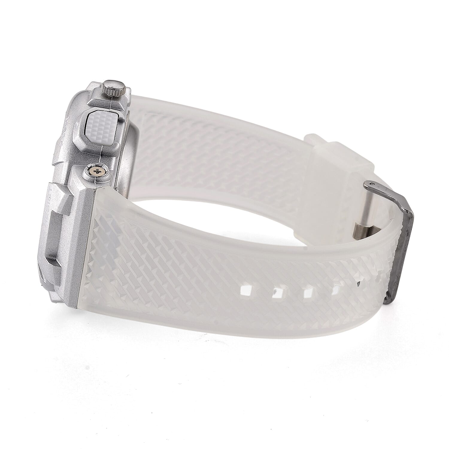 Genoa Japanese and Electronic Movement Multifunctional LED Watch in Silvertone with White Strap
