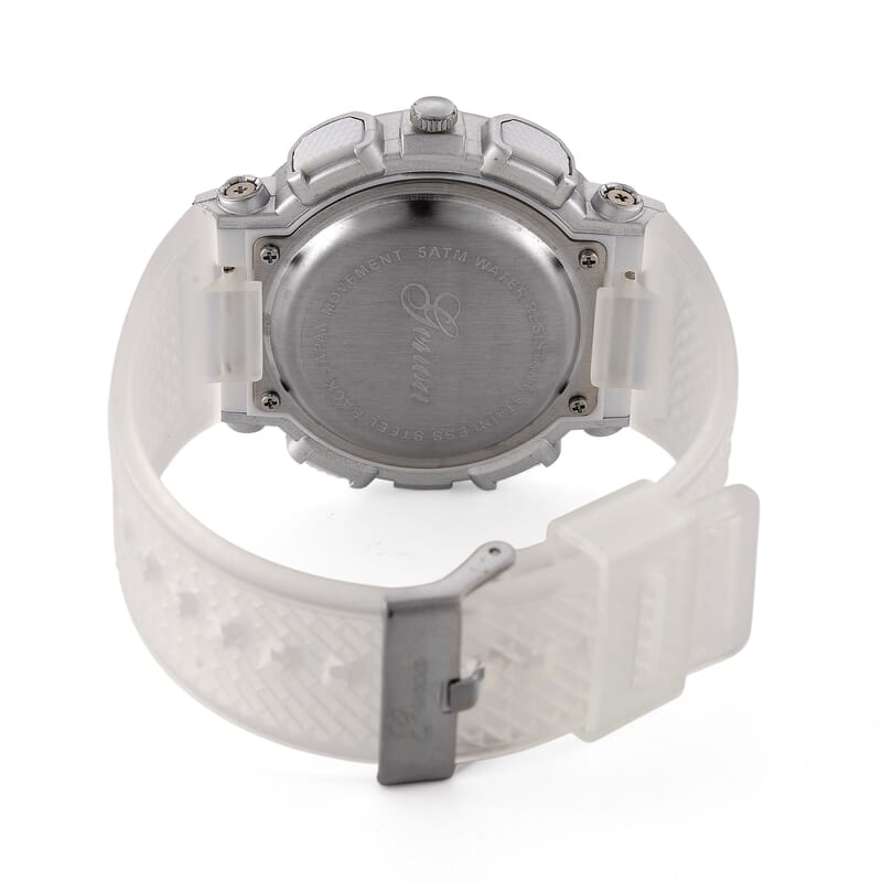 Genoa Japanese and Electronic Movement Multifunctional LED Watch in Silvertone with White Strap