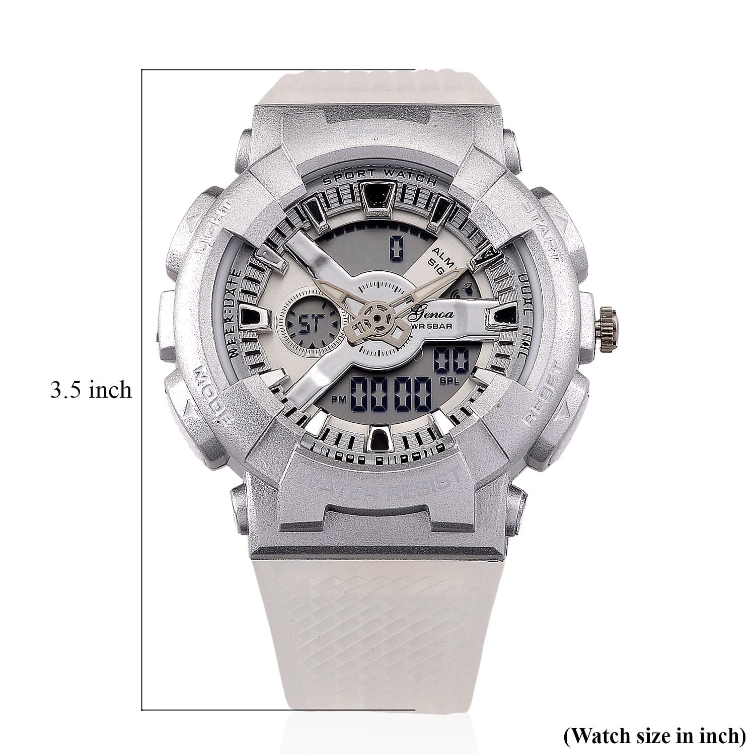 Genoa Japanese and Electronic Movement Multifunctional LED Watch in Silvertone with White Strap