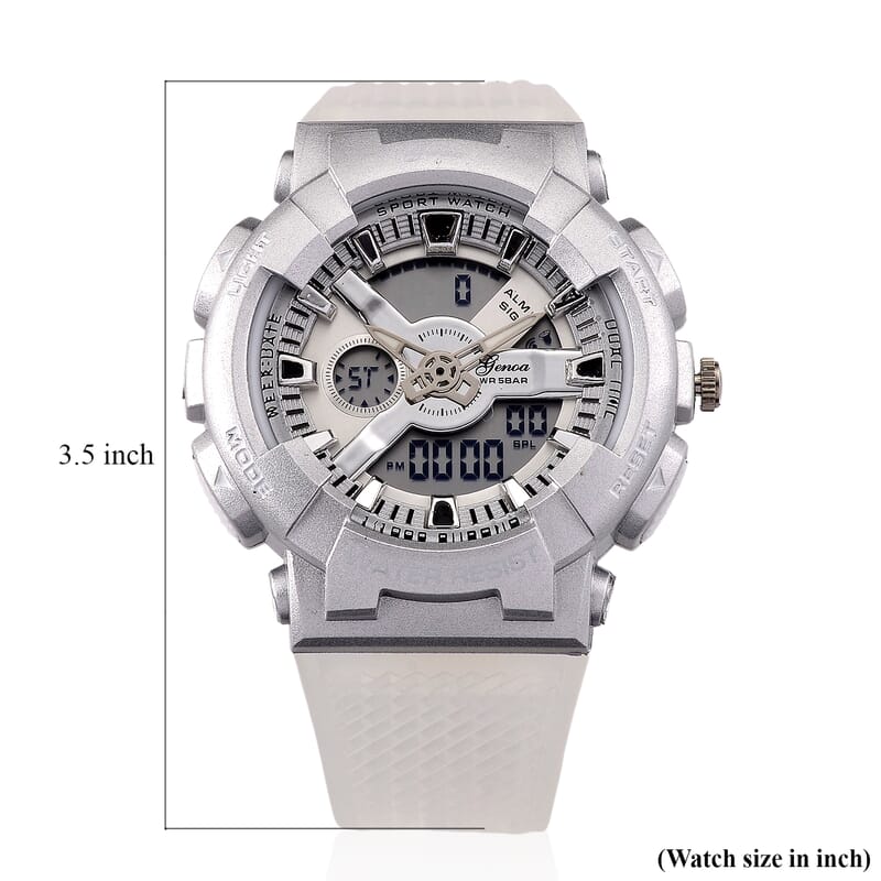 Genoa Japanese and Electronic Movement Multifunctional LED Watch in Silvertone with White Strap