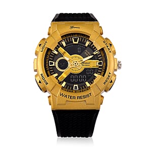 Genoa Japanese and Electronic Movement Multifunctional LED Watch in Goldtone with Black Strap