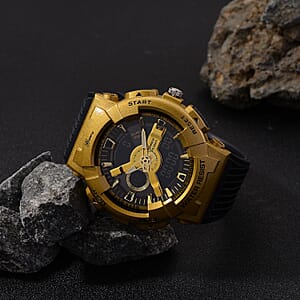 Genoa Japanese and Electronic Movement Multifunctional LED Watch in Goldtone with Black Strap
