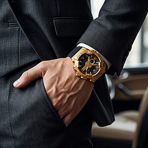 Genoa Japanese and Electronic Movement Multifunctional LED Watch in Goldtone with Black Strap