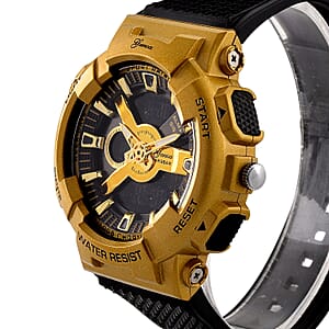 Genoa Japanese and Electronic Movement Multifunctional LED Watch in Goldtone with Black Strap