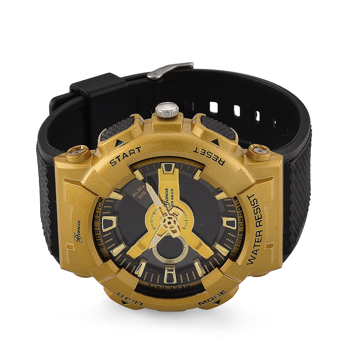 Genoa Japanese and Electronic Movement Multifunctional LED Watch in Goldtone with Black Strap image number 4