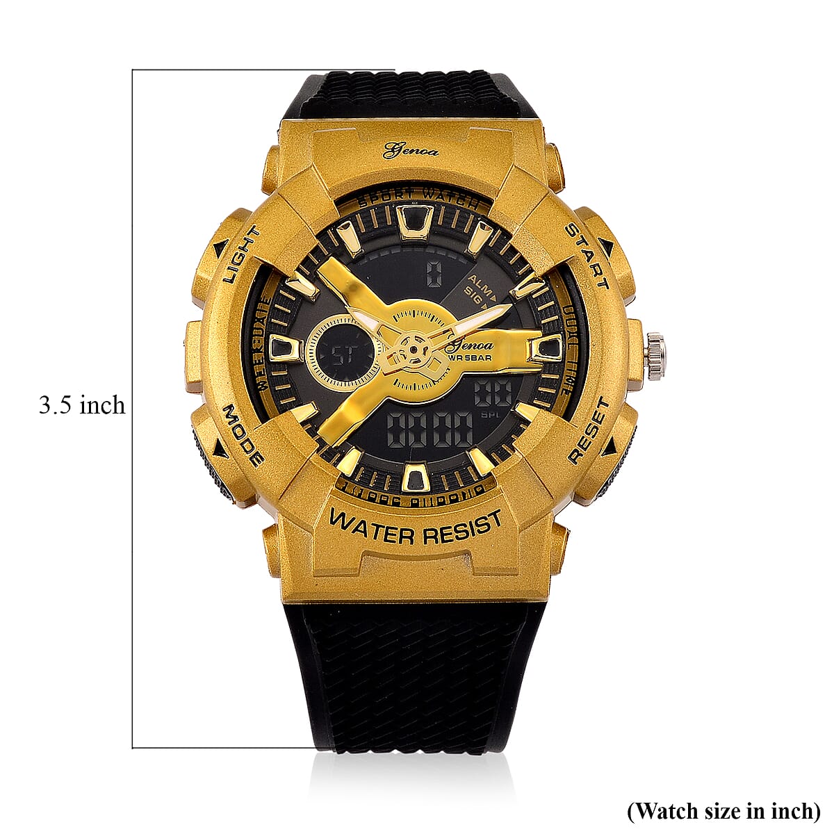 Genoa Japanese and Electronic Movement Multifunctional LED Watch in Goldtone with Black Strap image number 7