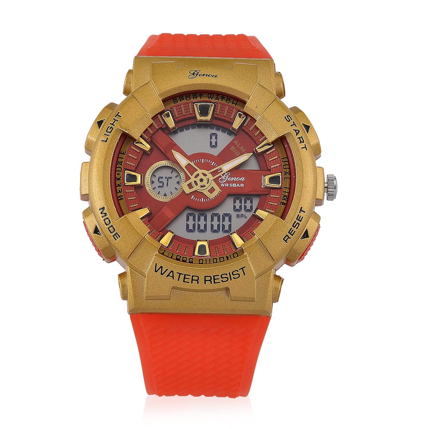 Genoa Japanese and Electronic Movement Multifunctional LED Watch in Goldtone with Black Strap