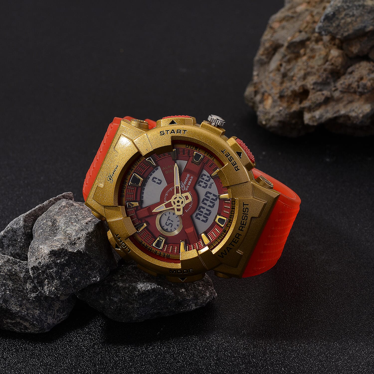 Genoa Japanese and Electronic Movement Multifunctional LED Watch in Goldtone with Red Strap
