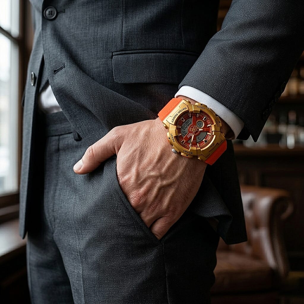 Genoa Japanese and Electronic Movement Multifunctional LED Watch in Goldtone with Red Strap
