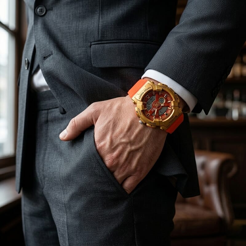 Genoa Japanese and Electronic Movement Multifunctional LED Watch in Goldtone with Red Strap