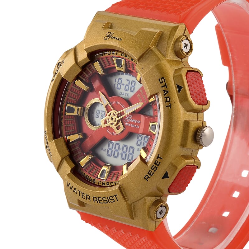 Genoa Japanese and Electronic Movement Multifunctional LED Watch in Goldtone with Red Strap