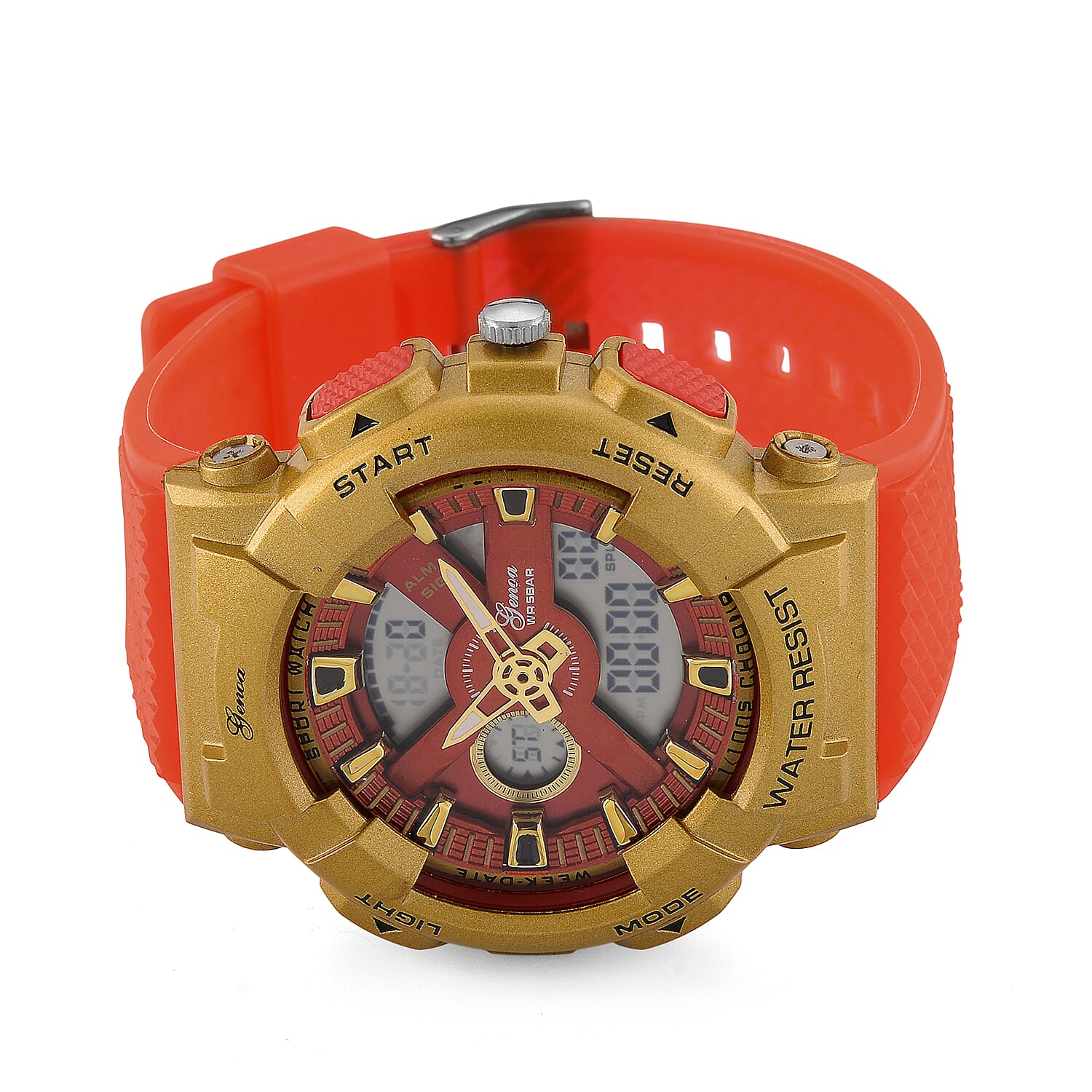 Genoa Japanese and Electronic Movement Multifunctional LED Watch in Goldtone with Red Strap